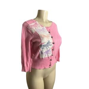 M Anthropologie Field Flower Tickled Pink Cashmere Bow Patch Cardigan Sweater
